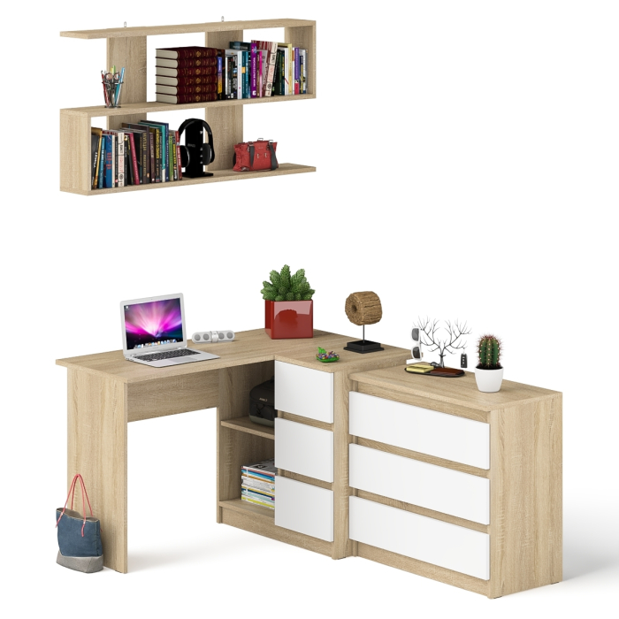 Домашние кабинеты, Стол компьютерный Мори МС-16 правый с навесной полкой и комодом МК800.1