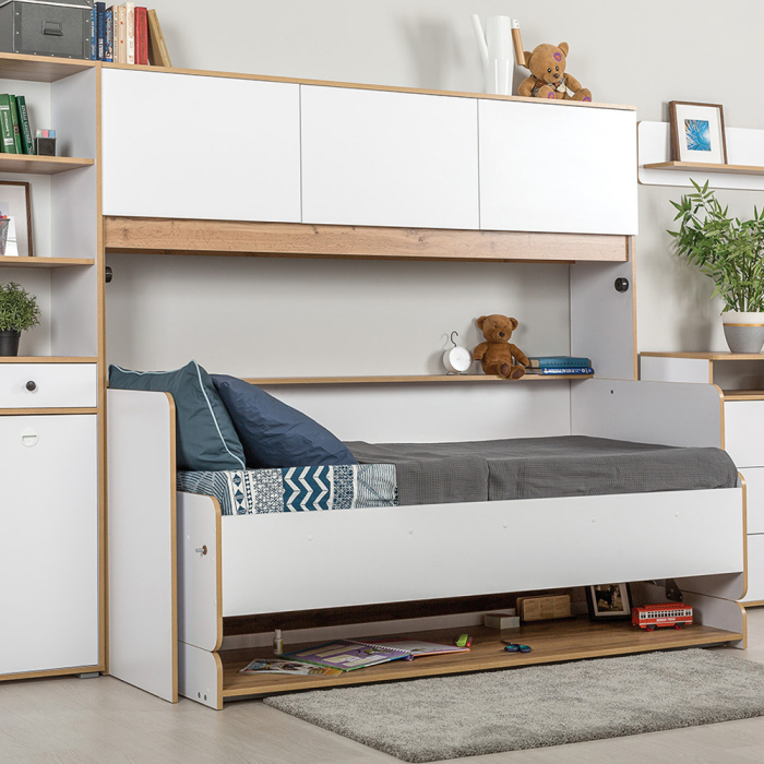 Для девочек, Кровать-стол-трансформер с пеналом и шкафом Вуди № 43.