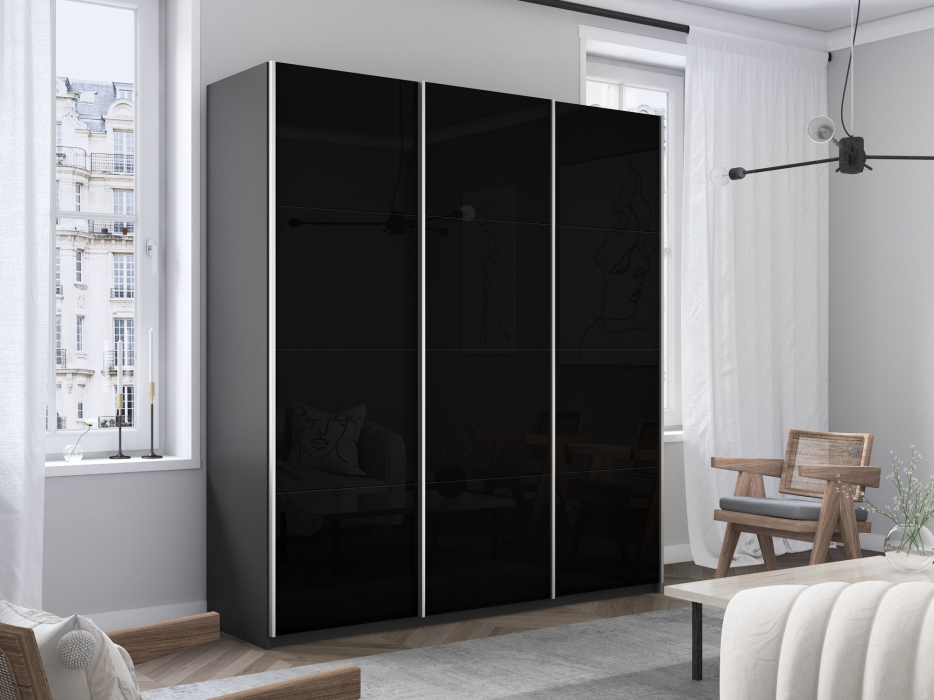 Шкафы-купе 3-х дверные, Шкаф-купе Прайм 3-х дверный Стекла черные/Доводчики 180х57х230
