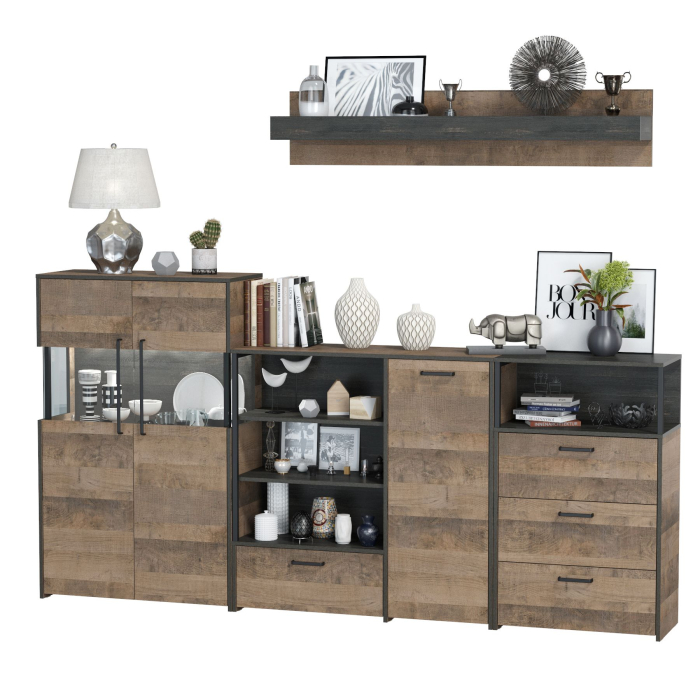 Стенки для гостиной, Комод с витриной с подсветкой с комодом с ящиком и дверкой и с комодом три ящика и ниша Трувор