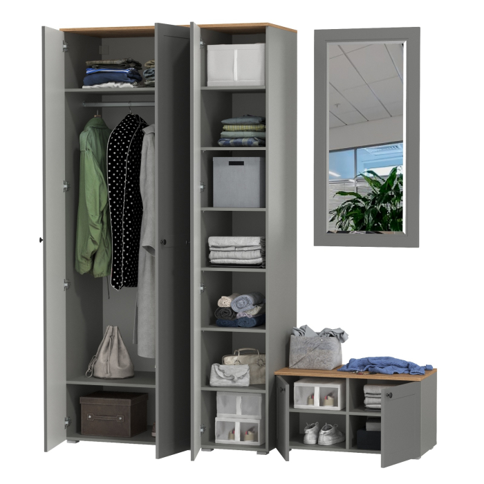 Прихожие, Шкаф 2-х дверный с тумбой и зеркалом и пеналом для прихожей Остин