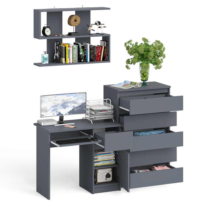 Домашние кабинеты, Стол компьютерный Мори МС-1 правый с высоким комодом на пять ящиков и навесной полкой