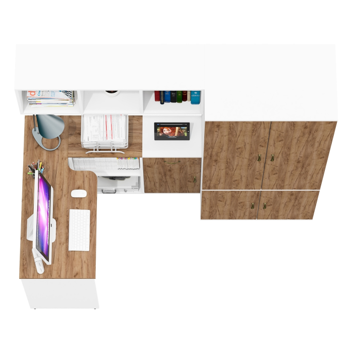 Домашние кабинеты, Настенная полка для книг Лидер-8 с рабочим столом с нишей с тумбочкой 3.15 и шкафом 19Б