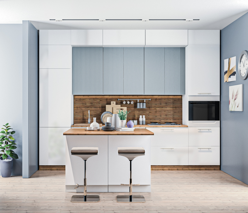 Кухонные гарнитуры, Кухонный гарнитур Регина Белый/МДФ Анна Белый глянец, МДФ Джаз Светло-серый 3,4 м