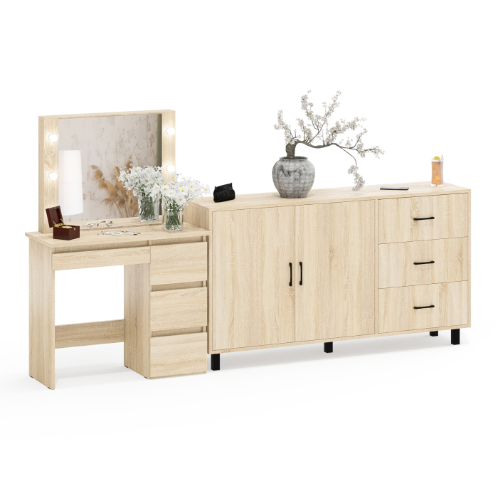 С зеркалом, Косметический столик Сура с зеркалом и подсветкой и с тумбой-комодом 123-1604