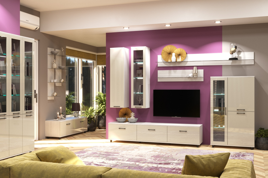 Стенки для гостиной, Модульная гостиная Грейс композиция 8  Снежный Ясень