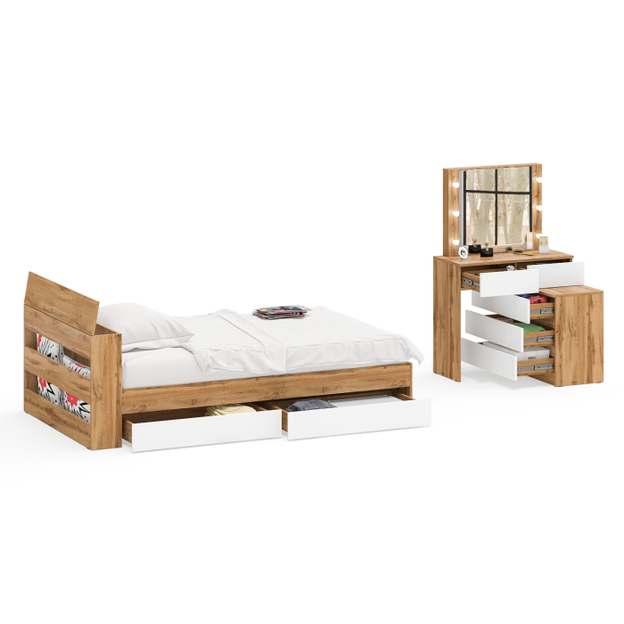 Спальные гарнитуры, Столик туалетный с лампочками 110 с полутораспальной кроватью с ящиками Ксения 1200