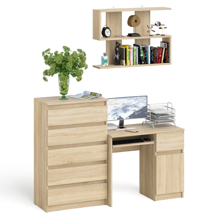Домашние кабинеты, Стол компьютерный Мори МС-1 правый с высоким комодом на пять ящиков и навесной полкой