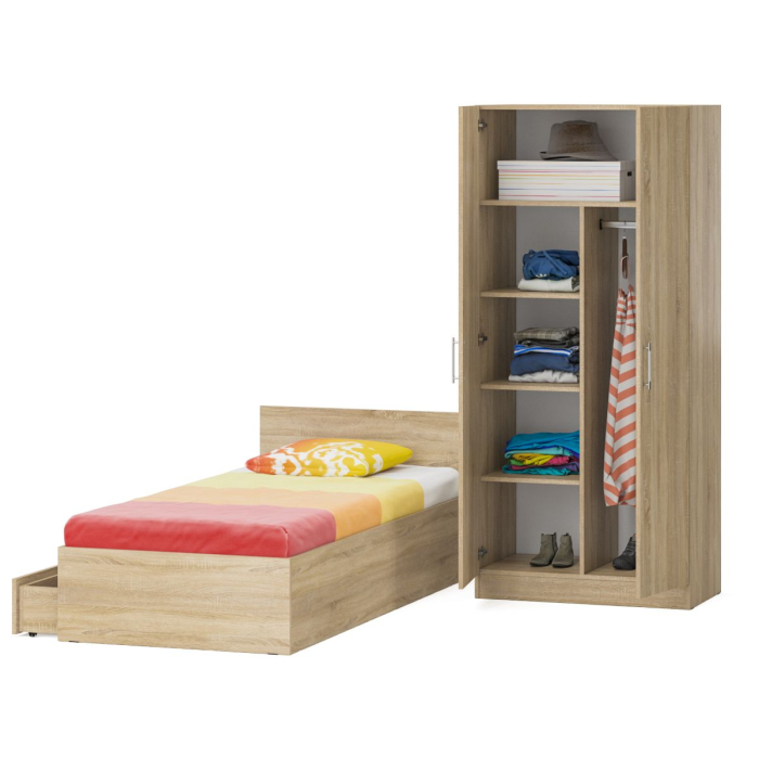 Спальные гарнитуры, Односпальная Кровать с ящиками 900 со шкафом для одежды 2-х створчатым Стандарт