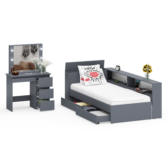 Спальные гарнитуры, Кровать с ящиками с прикроватным блоком для вещей Ксения 900 и столик косметический с подсветкой Сура