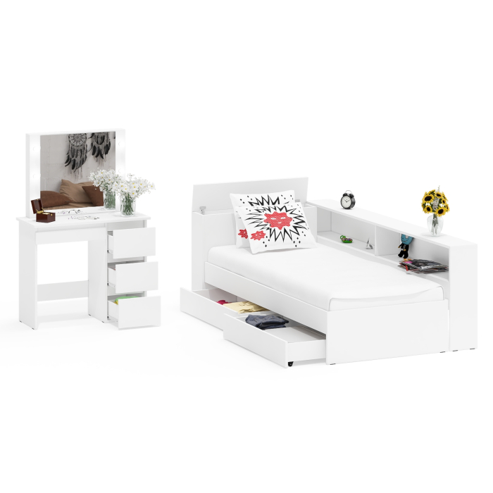 Спальные гарнитуры, Кровать с ящиками с прикроватным блоком для вещей Ксения 900 и столик косметический с подсветкой Сура