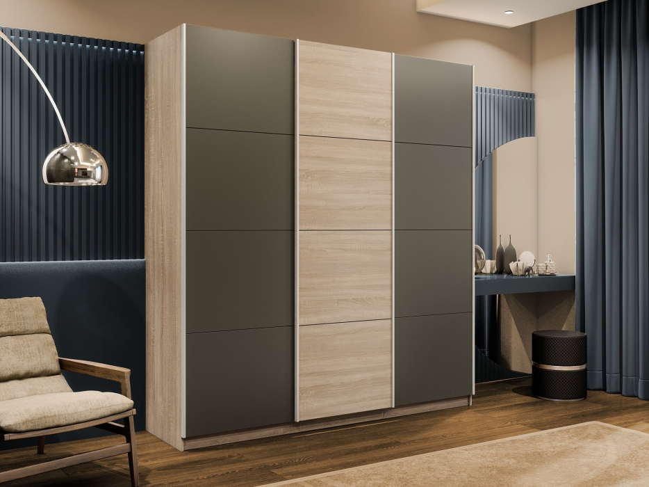 Шкафы-купе 3-х дверные, Шкаф-купе Эста 3-х дверный ДСП/Стекла хаки/Доводчик 240х66х240