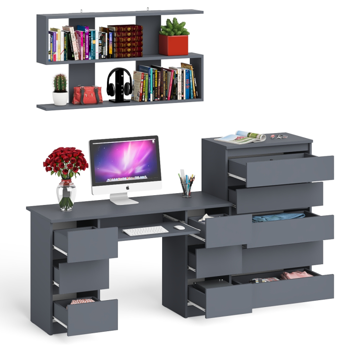 Домашние кабинеты, Стол для работы МС-2 с высоким комодом на пять ящиков и навесной полкой Мори